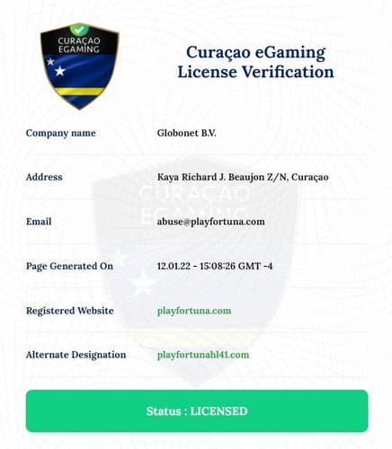 сертификат лицензии Curacao рабочего зеркала Плей Фортуна